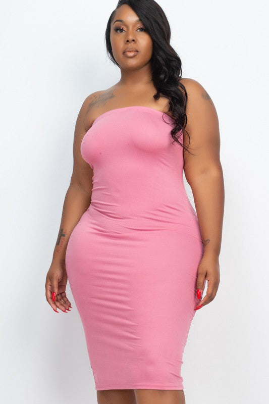 Plus Size Solid Tube Bodycon Midi Dress