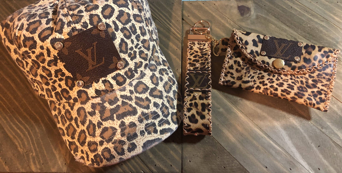 Leopard and Rhinestone Gift Set (Repurposed Hat, Key Fob, Card Holder)