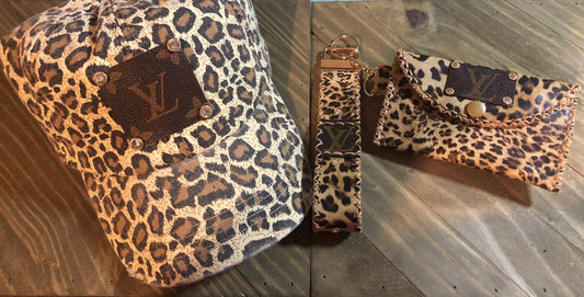 Leopard and Rhinestone Gift Set (Repurposed Hat, Key Fob, Card Holder)