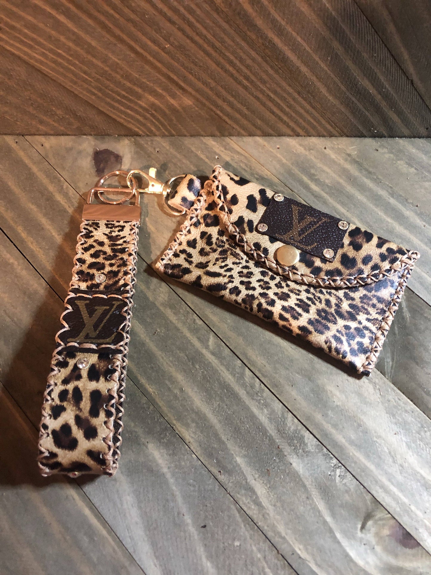 Repurposed Leopard Print Genuine Lambskin Key Fob and Card Holder Combo